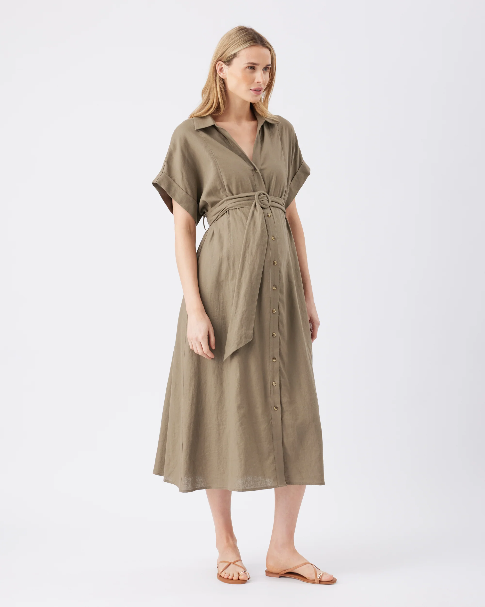 Amy Linen Nursing Shirt Dress  Olive - Image 3