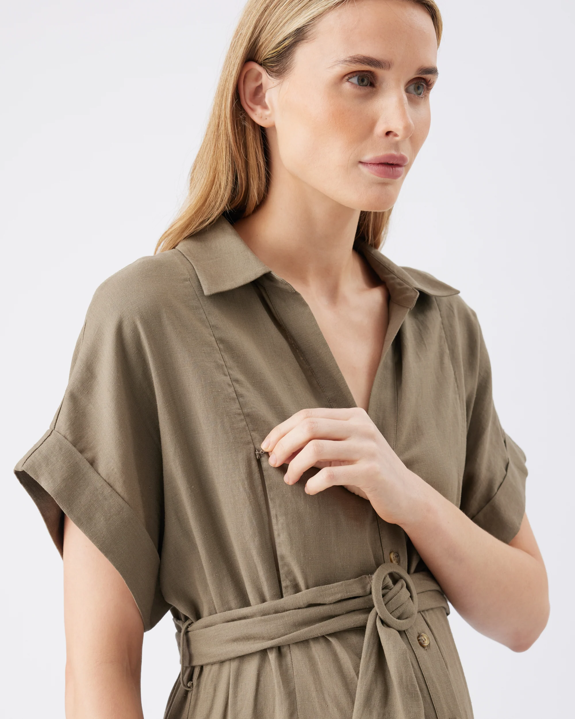 Amy Linen Nursing Shirt Dress  Olive - Image 5