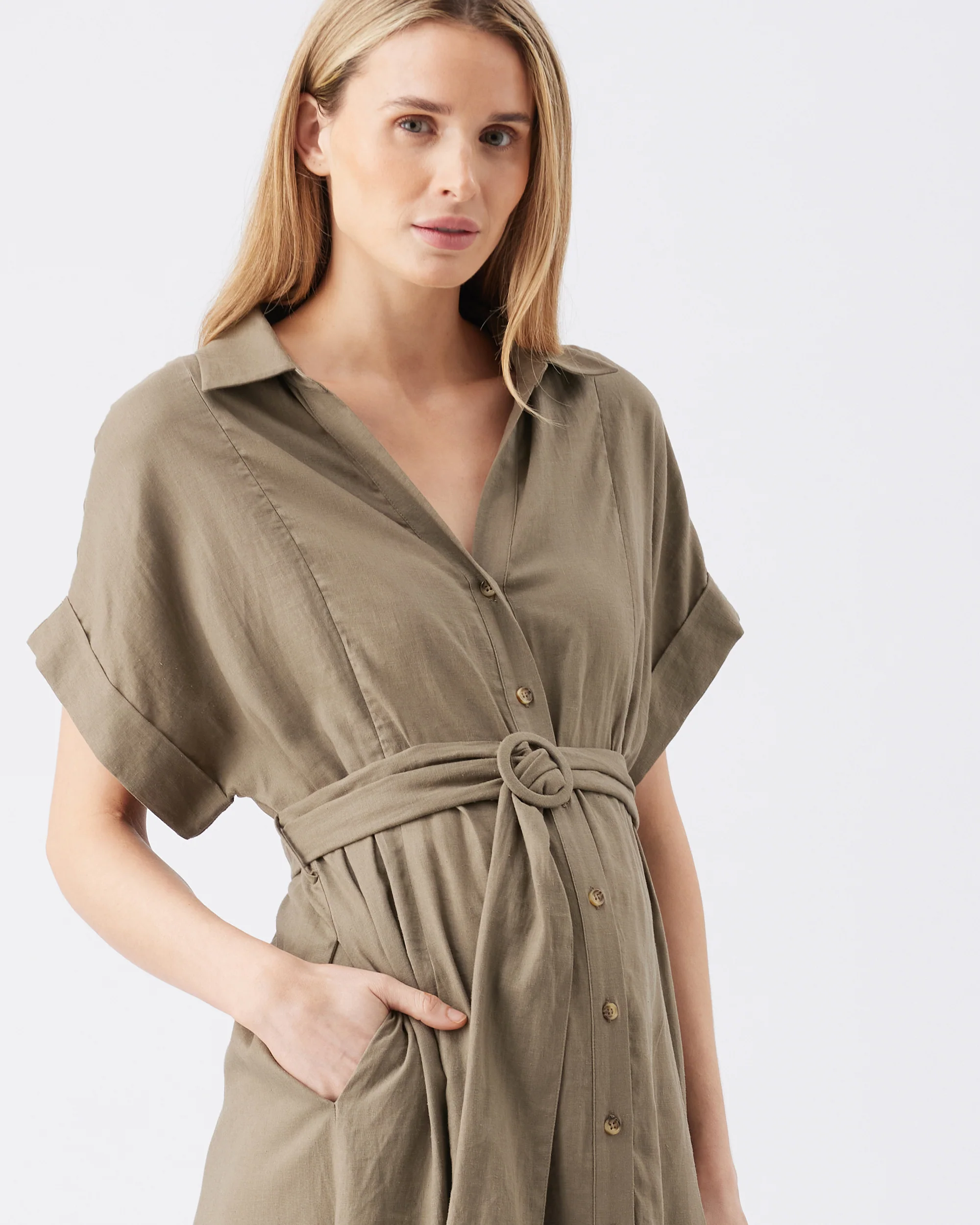 Amy Linen Nursing Shirt Dress  Olive - Image 6