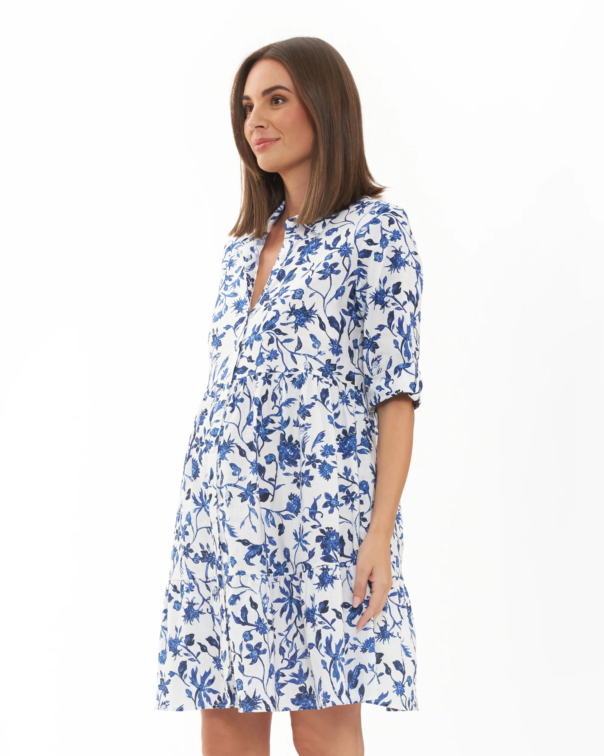 Bella Linen Dress  White / Lapis - Image 3