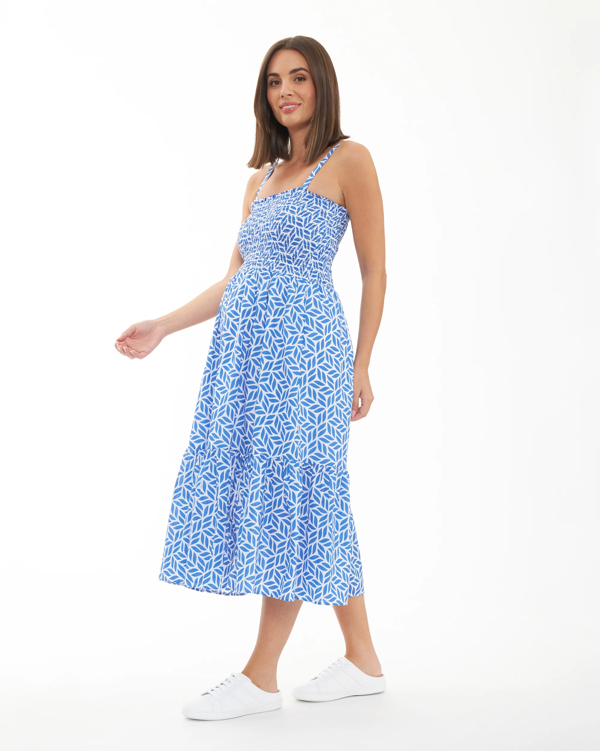 Capri Shirred Dress  White / Lapis - Image 5
