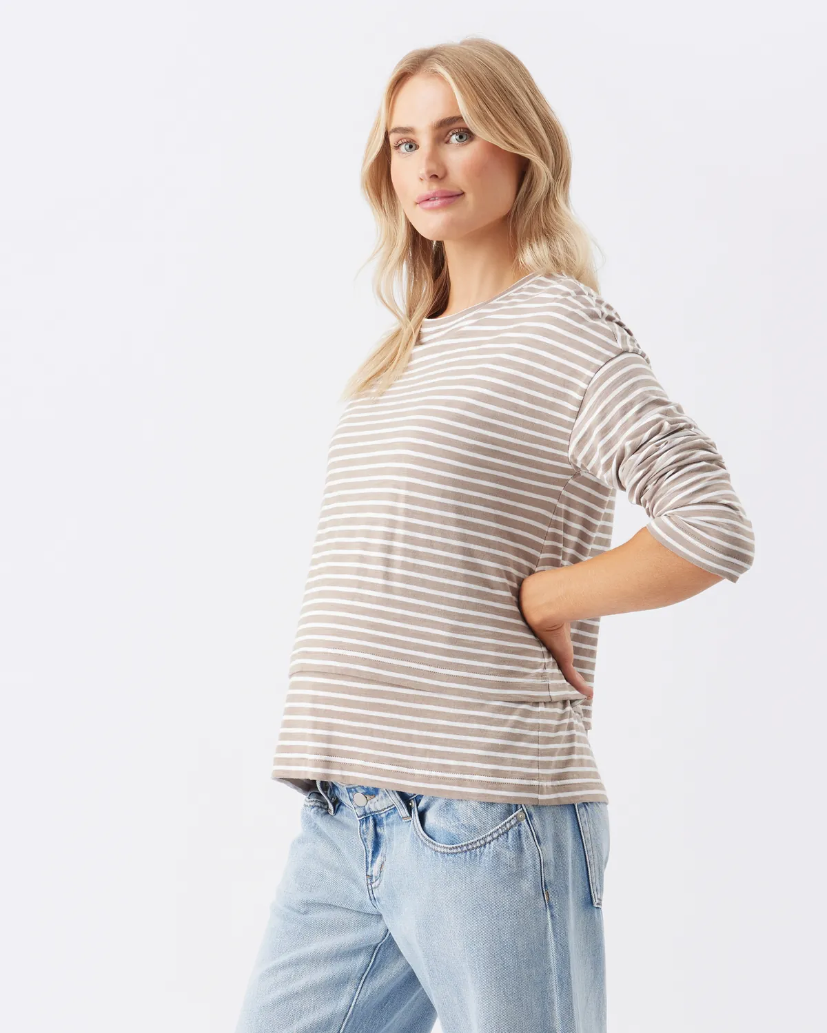 Claudette Long Sleeve Nursing Top Taupe / White - Image 3