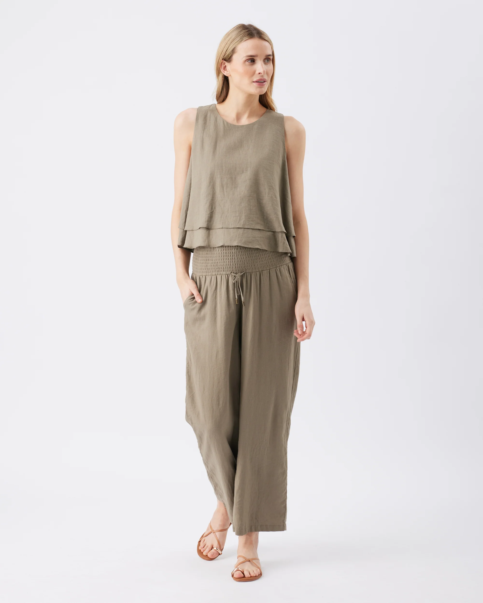 Indi Wide Leg Linen Pant Olive - Image 3
