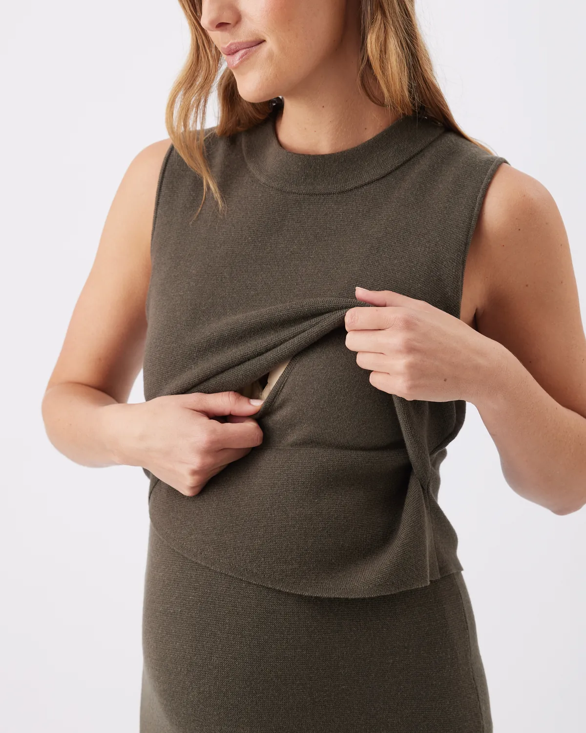 Layered Knit Nursing Dress Khaki - Image 2