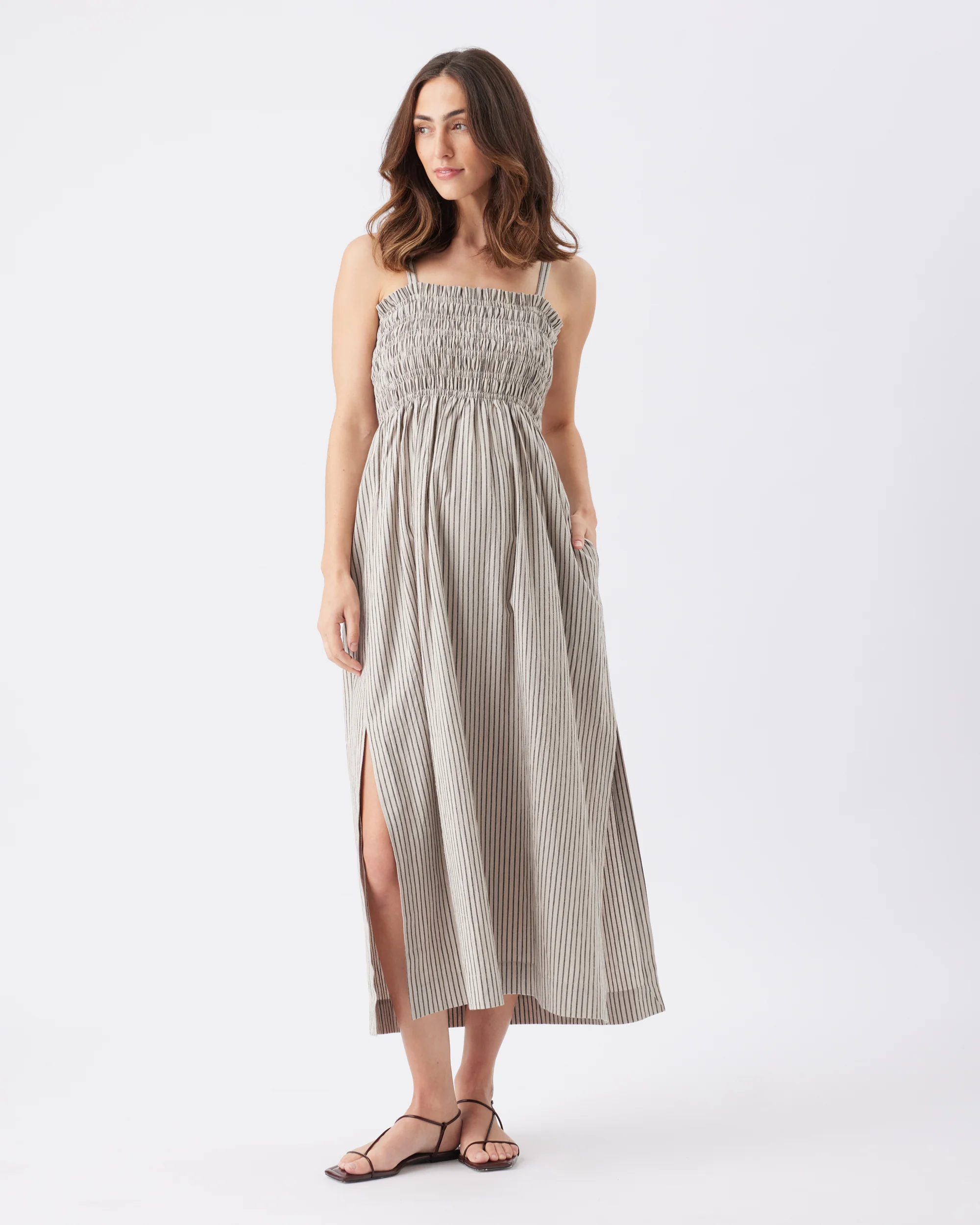 Leo Stripe Shirred Dress Natural / Black - Image 2