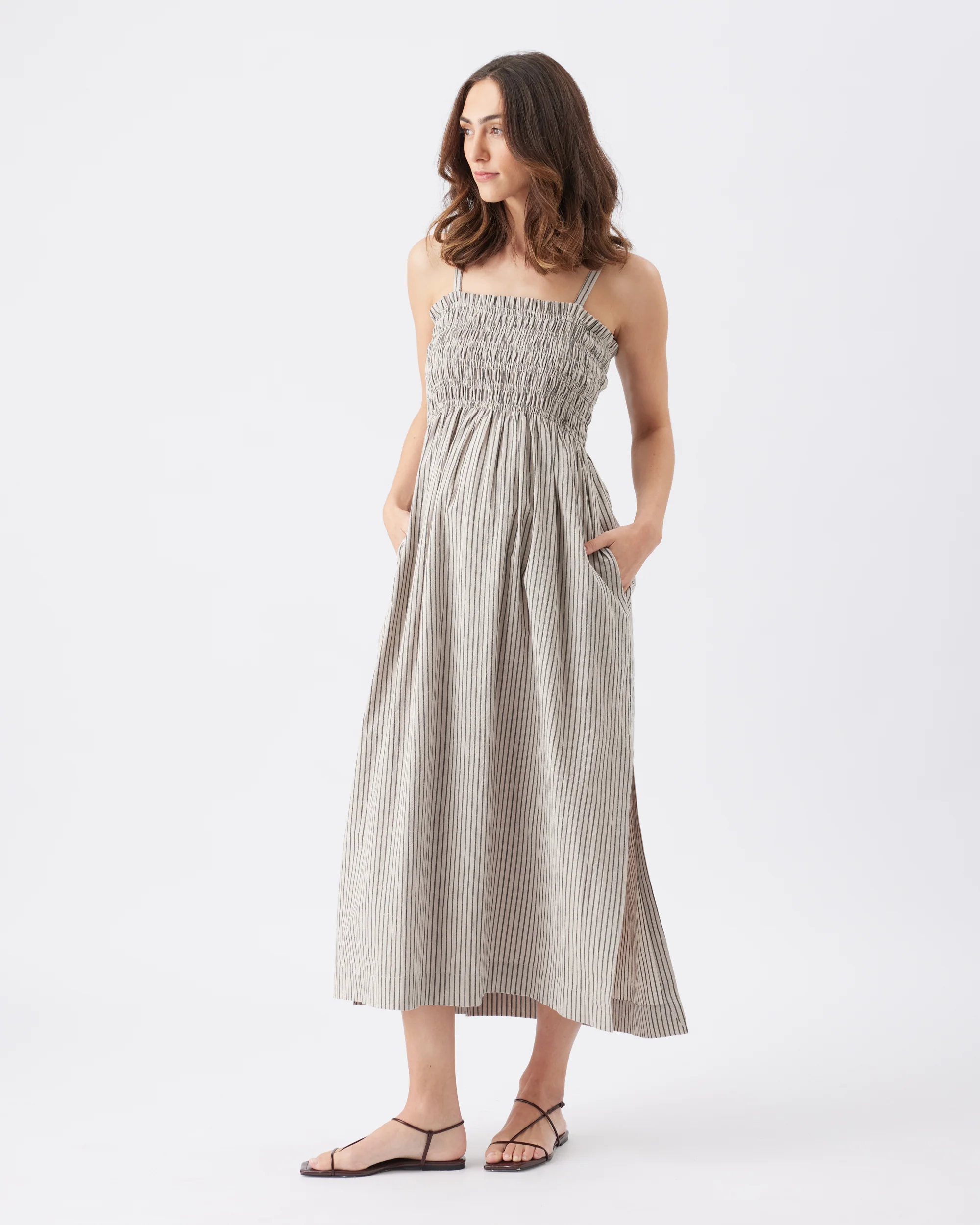 Leo Stripe Shirred Dress Natural / Black - Image 4