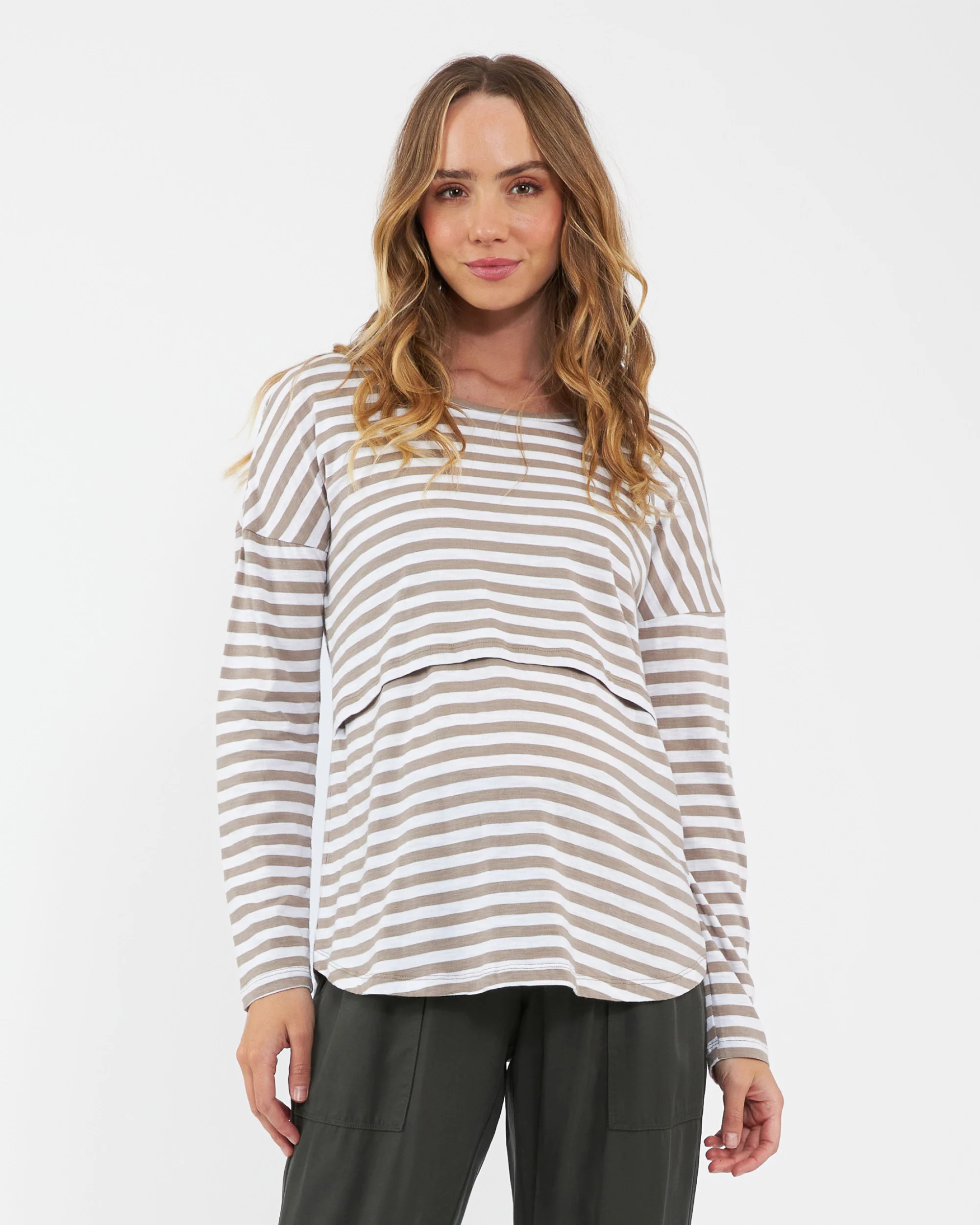 Lionel Long Sleeve Nursing Tee Taupe / White