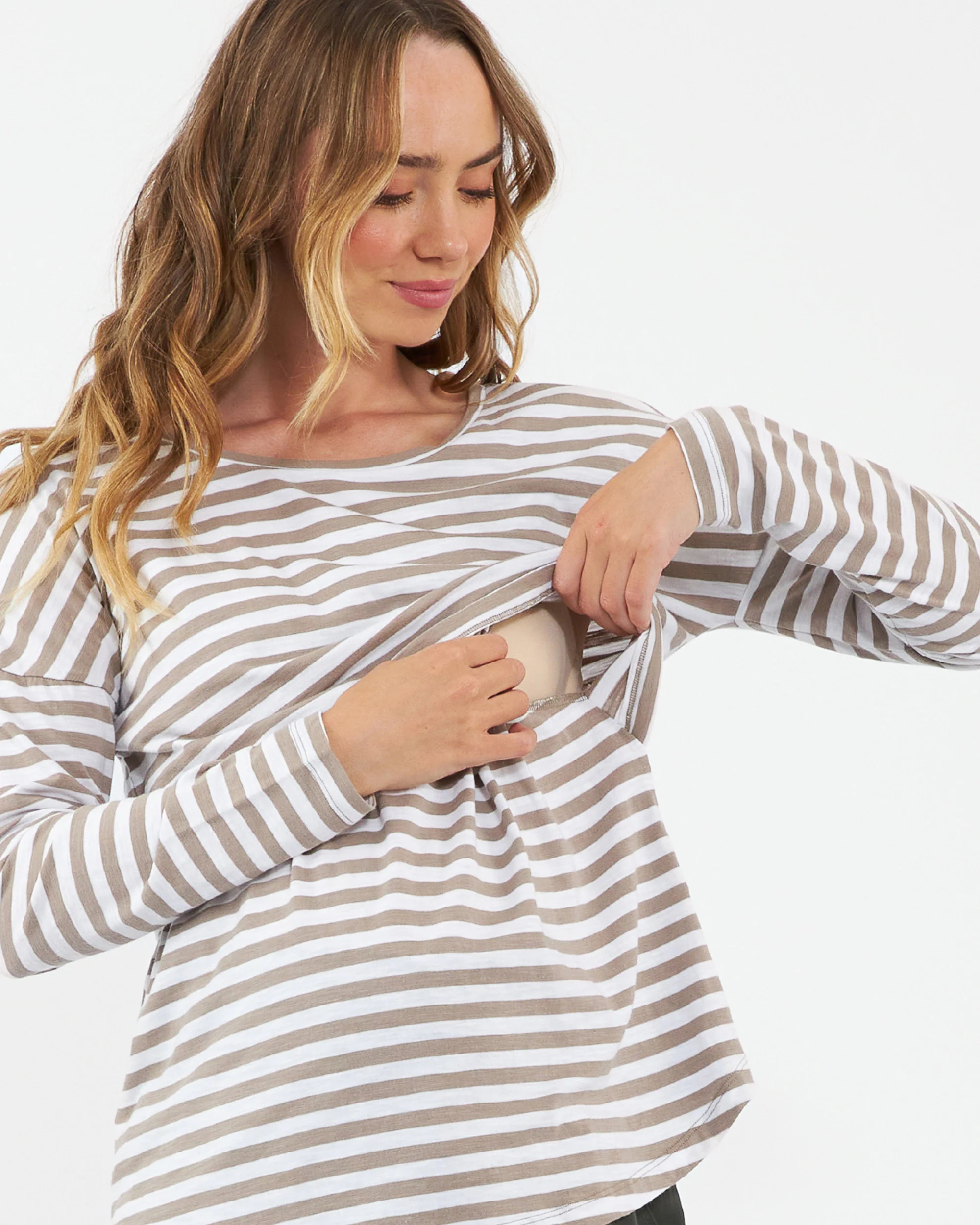 Lionel Long Sleeve Nursing Tee Taupe / White - Image 2