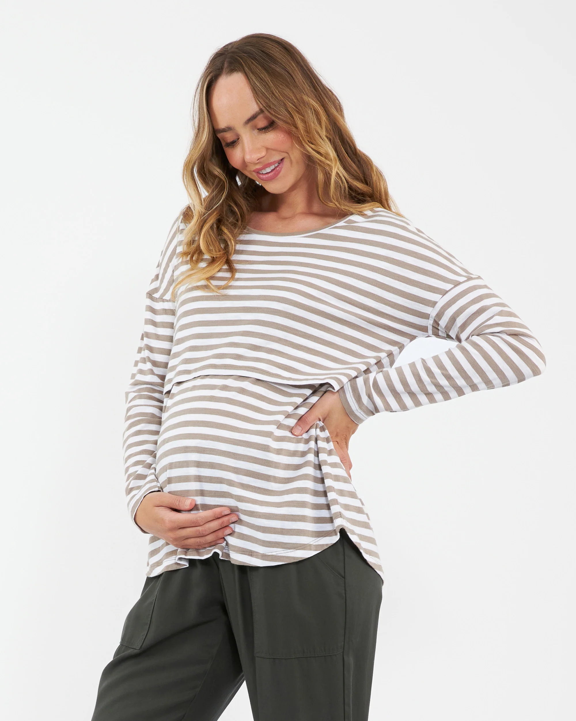 Lionel Long Sleeve Nursing Tee Taupe / White - Image 3