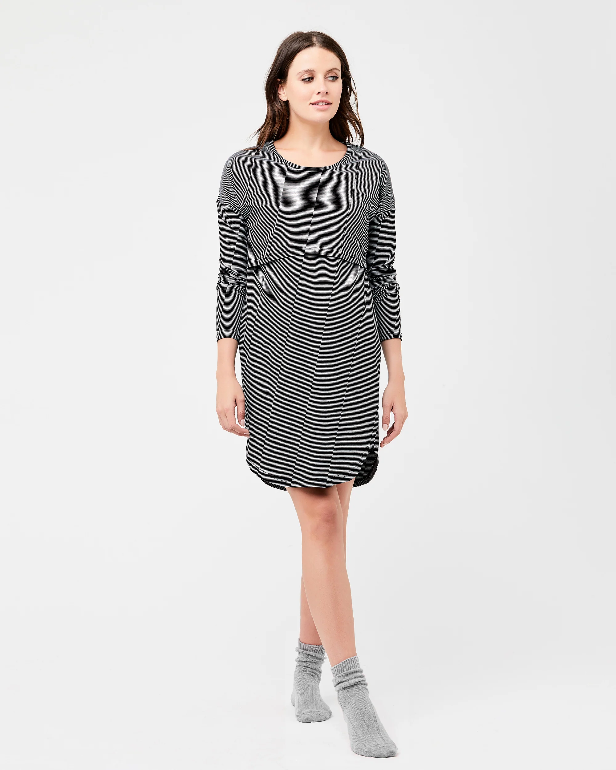 Long Sleeve Nursing Nightie Black / White - Image 5