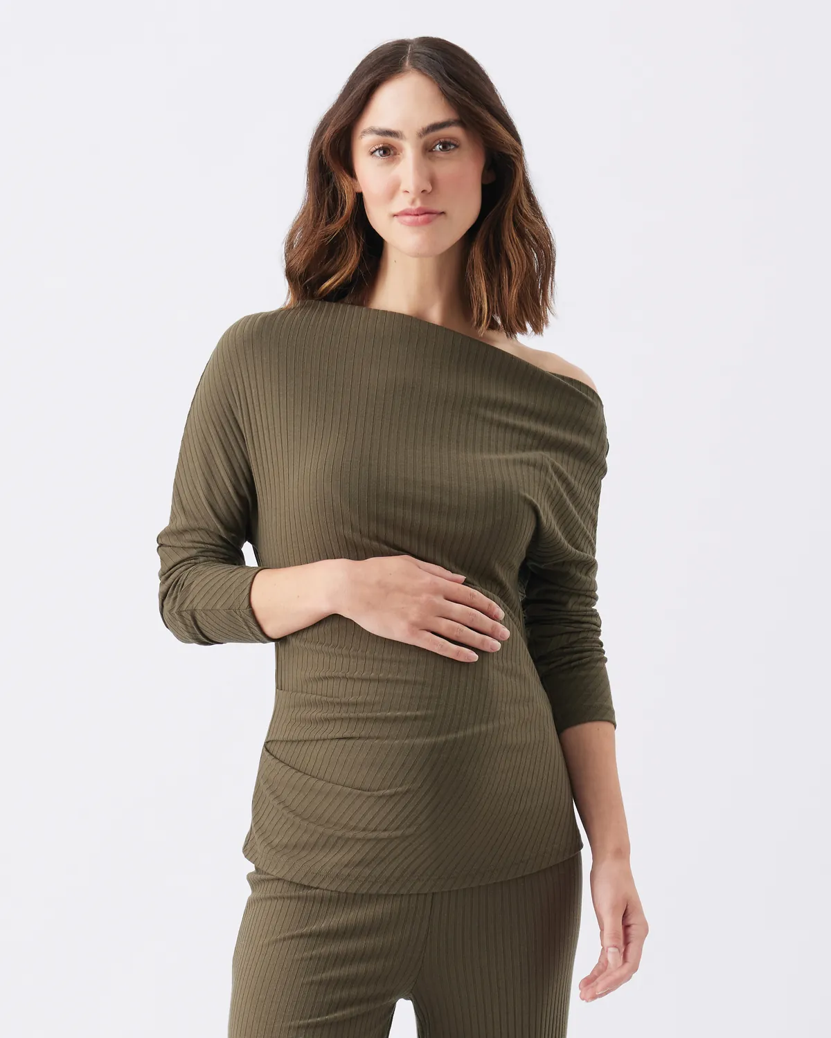 Off-Shoulder Rib Top Khaki - Image 3