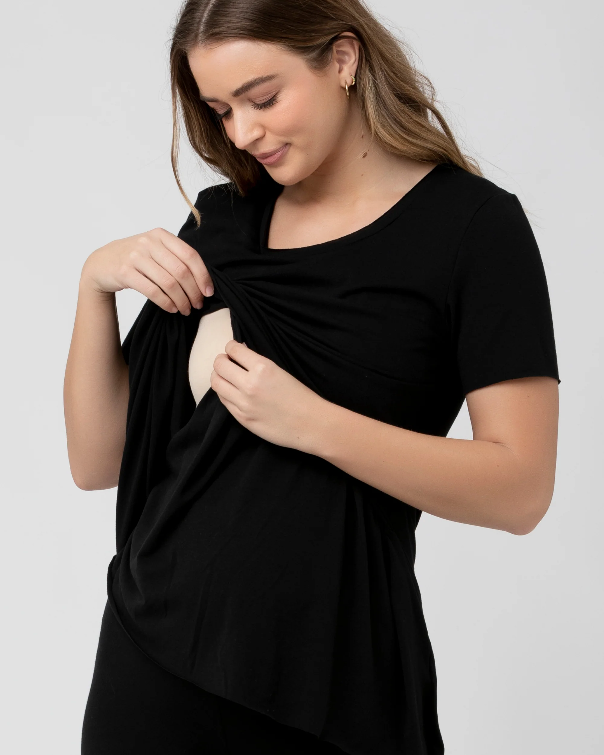 Short Sleeve Raw Edge Nursing Top Black - Image 2