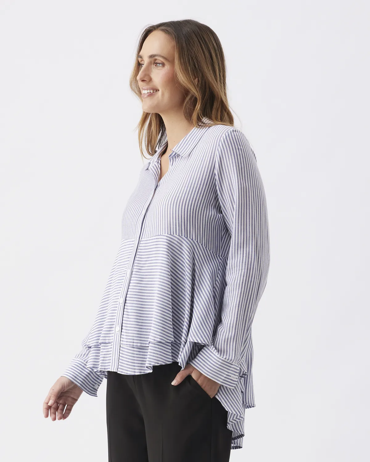 Stripe Layered Peplum Shirt Navy / White - Image 3