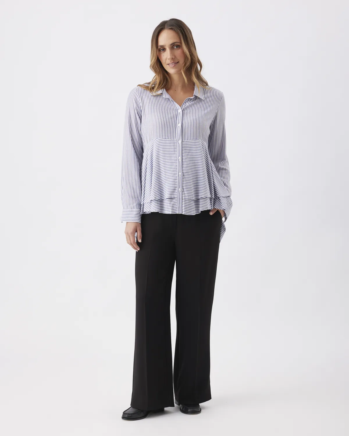 Stripe Layered Peplum Shirt Navy / White - Image 5