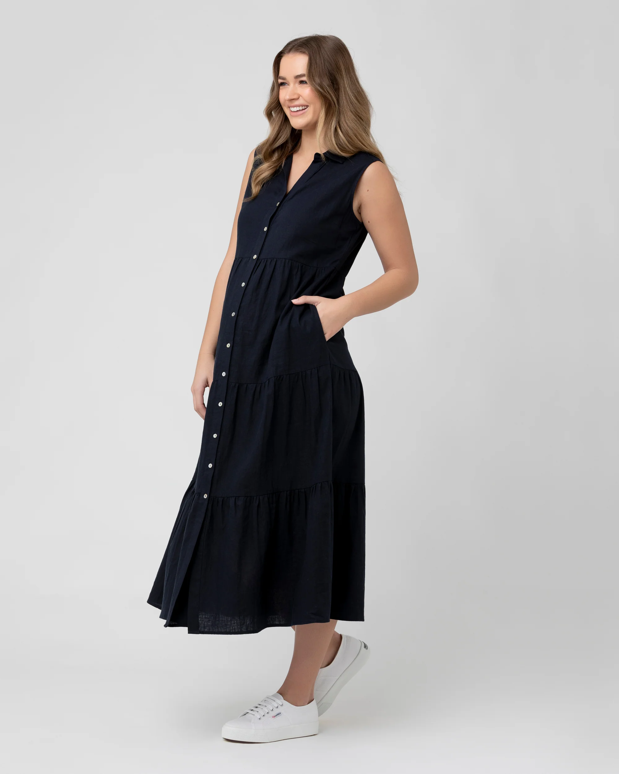 Tracy Tiered Linen Dress Navy - Image 6
